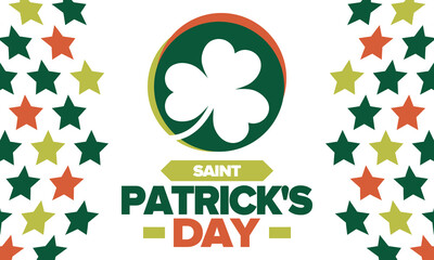 Saint Patrick's Day. Traditional irish happy holiday. Celebrate annual in March 17. Clover and shamrock leaves. Green and orange party design. Ireland color. Poster, card, banner, background. Vector