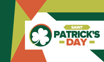 Saint Patrick's Day. Traditional irish happy holiday. Celebrate annual in March 17. Clover and shamrock leaves. Green and orange party design. Ireland color. Poster, card, banner, background. Vector