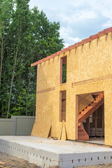 Construction of new and modern modular house. Walls made from composite wooden sip panels with...