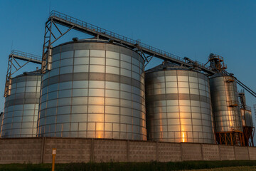A large modern plant located near a wheat field for the storage and processing of grain crops. view of the granary illuminated by the light of the setting sun against the blue sky. harvest season.