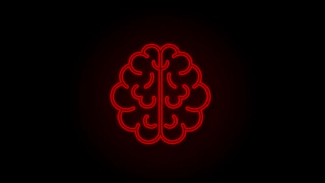 Brain Neon icon. Digital brain in hand. Neural network. IQ testing. Brainstorm think idea. Motion Graphic