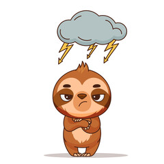 Angry and tired sloth under a thundercloud with lightning. Vector illustration for designs, prints and patterns. Vector illustration
