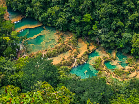 Semuc champey natural bridge of limestone in the cahabon river of Guatemala in the middle of the subtropical jungle