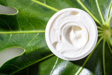 texture of white moisturizer cream on green leaf, eco organic product, natural cosmetics