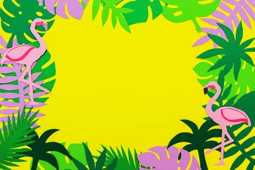 Gardinen Colorful monstera, palm and flamingo leaves on yellow background. © lizavetta
