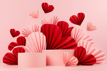 Beautiful cute pink Valentines day scene mockup with two round podiums, flying ribbed red, pink...
