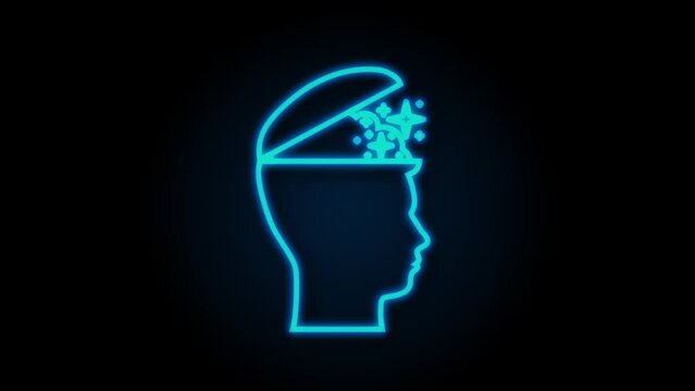 Open mind. Neon icon on light backdrop. Mental health concept. Business concept. Creative idea banner. Human anatomy. Open mind. Motion Graphic