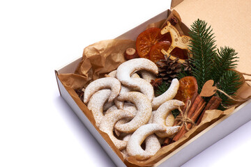 Gift box full of Traditional German or Austrian Vanillekipferl vanilla kipferl cookies