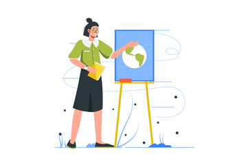 School teacher modern flat concept. Young woman stands at blackboard and points to it while explaining topic of lesson. Work in education. Vector illustration with people scene for web banner design