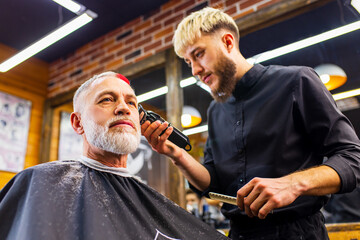 pensioner man with gray beard with hairstylist in trendy spa men grooming salon