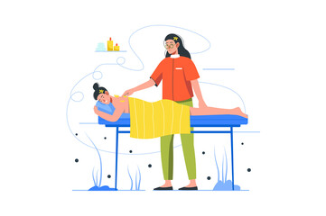 Body treatment in Spa salon modern flat concept. Masseuse makes back massage to woman client. Aromatherapy and relaxation, body skin care. Vector illustration with people scene for web banner design