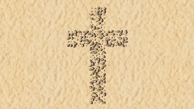 Concept conceptual stones on beach sand handmade symbol shape, golden sandy background, christian cross. A 3d illustration metaphor for God, Christ, religion, spirituality, prayer, Jesus belief