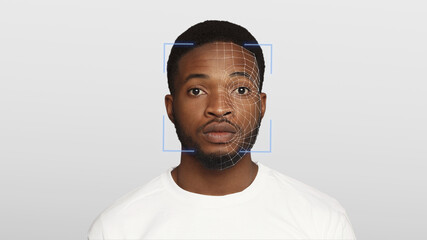 Serious black guy, digital face scheme, isolated on white background