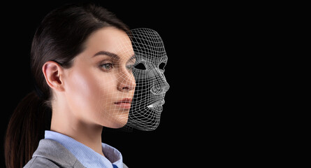 Close up face of young caucasian female and digital graphic mask, collage