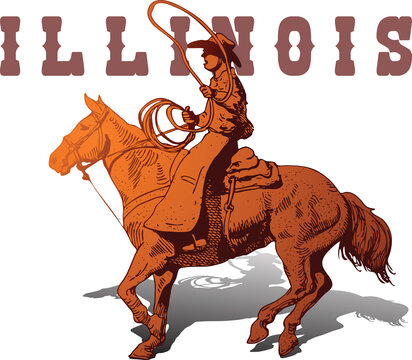vector banner poster with cowboy rider riding wild mustang horse and Illinois lettering on white background in book sketch style