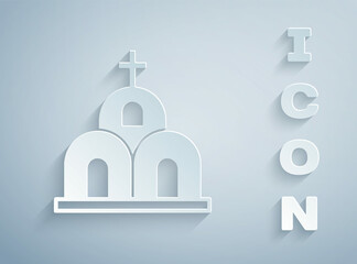 Paper cut Church building icon isolated on grey background. Christian Church. Religion of church. Paper art style. Vector