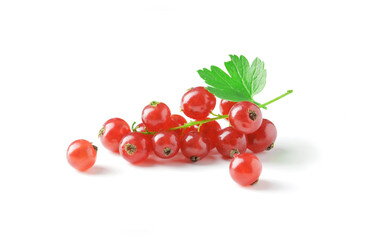 Berries of ripe tasty red currant isolated on white background. red currant with a leaf. a slide of red currants. Red currant berries with leaf isolated on white background.