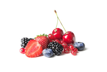 set of different berries on a white background, such as strawberries, cherries, raspberries,...
