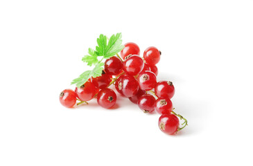 Berries of ripe tasty red currant isolated on white background. red currant with a leaf. a slide of red currants. Red currant berries with leaf isolated on white background.