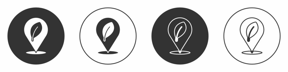 Black Location with leaf icon isolated on white background. Eco energy concept. Alternative energy concept. Circle button. Vector