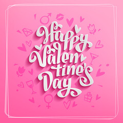 Fototapeta na wymiar Happy Valentine's Day vector card with 3d paper cut lettering on Pink Background. Illustration with doodle style hearts and elements for Saint Valentine's Day design
