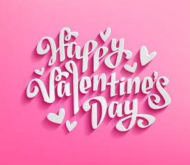 Fototapeta na wymiar Happy Valentine's Day cute vector card with 3d paper cut lettering inscription on Pink Background. Illustration with doodle style hearts and calligraphy for Saint Valentine's Day design 