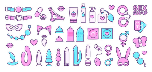 Vector Adult shop items and Sex Toys icons isolated on white background. Adult store logo with BDSM roleplay icon set	 - obrazy, fototapety, plakaty
