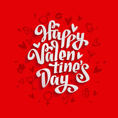 Happy Valentines Day paper cut Lettering inscription with cartoon doodle style elements on Red Background. Template for greeting card Saint Valentine's Day design