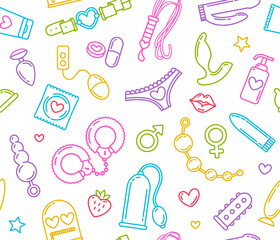 Sex toys and Adult Ship colorful icons in white background - vector template.  BDSM roleplay items icon sexshop collection. Fashion printable seamless pattern