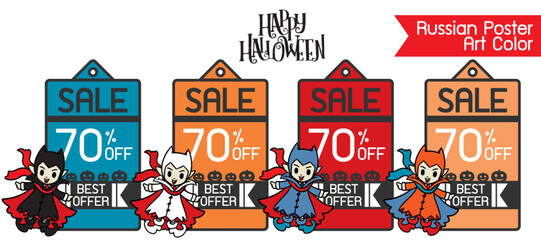 Selling banner in Halloween concept , Kids in Costume, Dracula Character style, cute cartoon vector for Festival   ,little devil in spiky hat, kids in Halloween costume, Children in vampire costumes