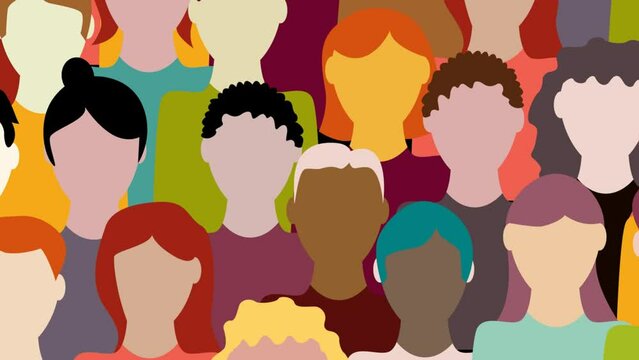 Crowd. Workers group, people in parade or in protest. Flat style. Animated background. Social community pattern of diverse people group in modern style