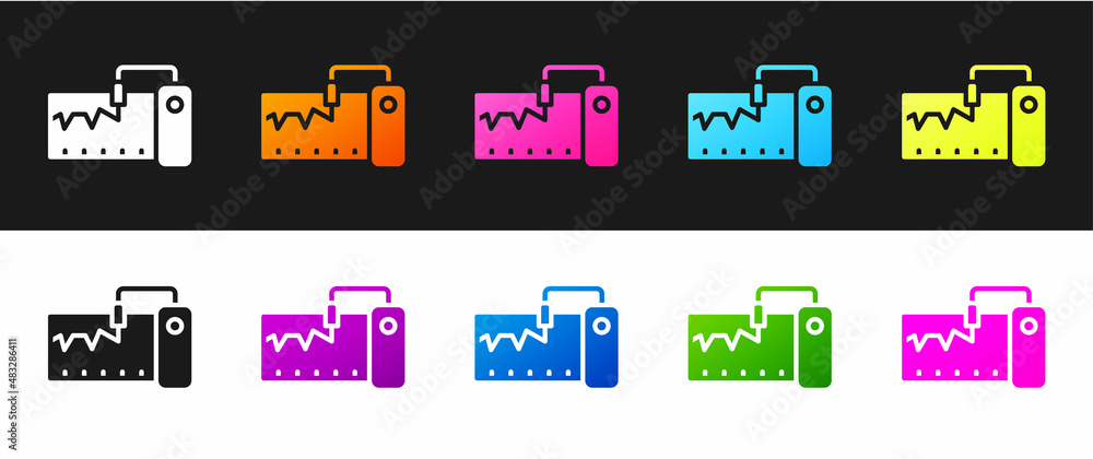 Poster Set Electrical measuring instrument icon isolated on black and white background. Analog devices. Measuring device laboratory research. Vector