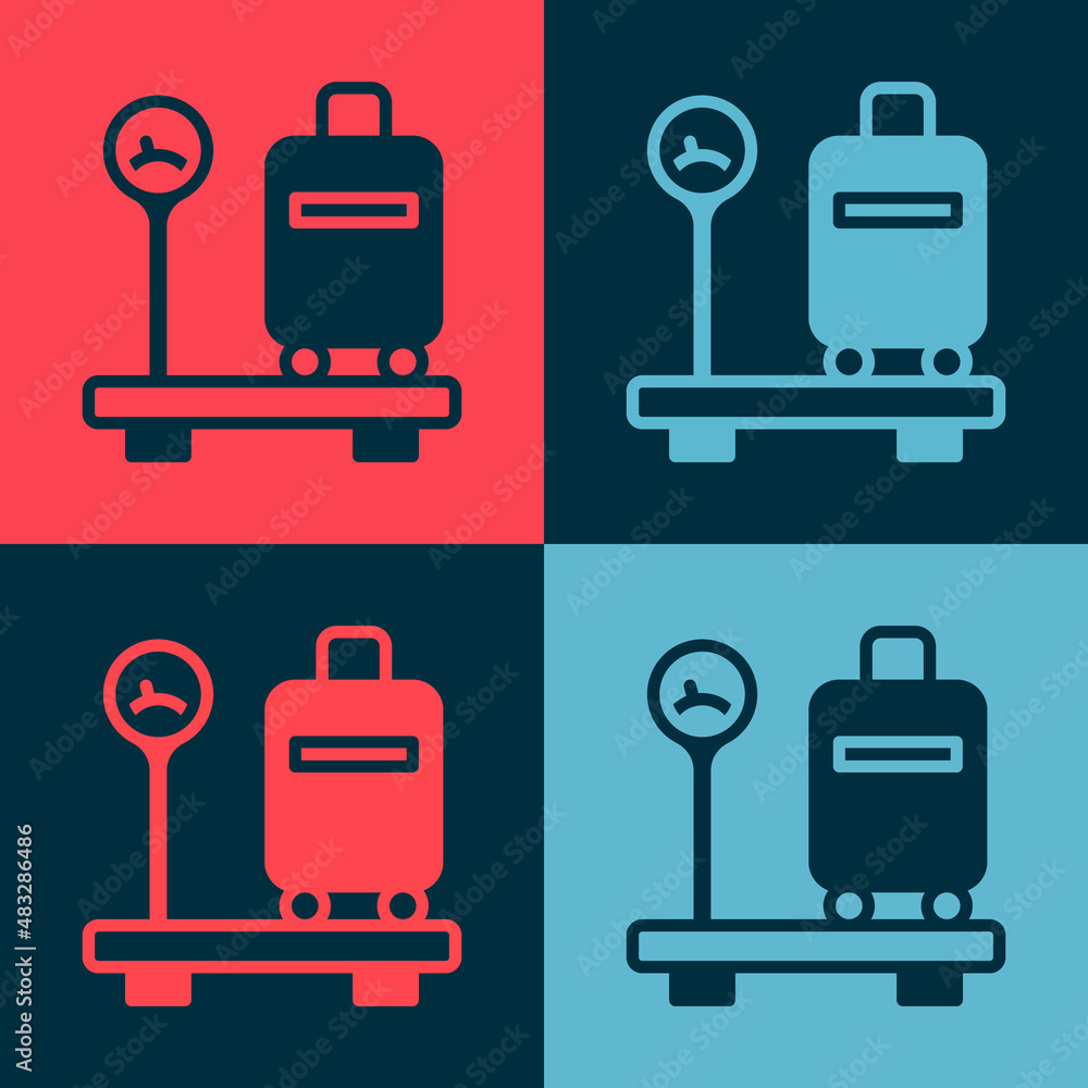 Poster pop art scale with suitcase icon isolated on color background. logistic and delivery. weight of deli