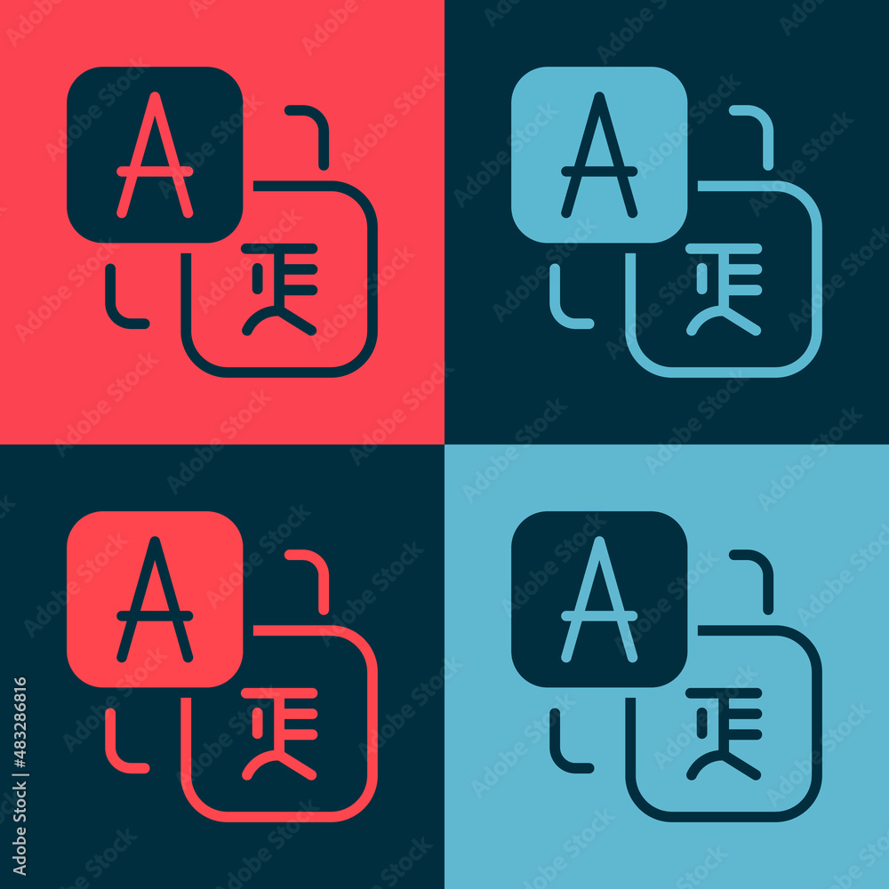Poster pop art translator icon isolated on color background. foreign language conversation icons in chat sp