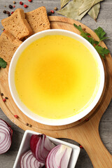 Concept of tasty food with broth, top view