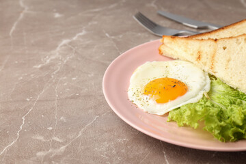 Concept of tasty breakfast on gray textured background