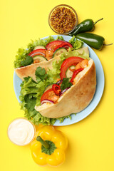 Concept of tasty food with pita with chicken, top view