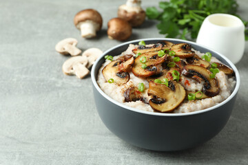 Concept of tasty food with risotto with mushrooms, space for text
