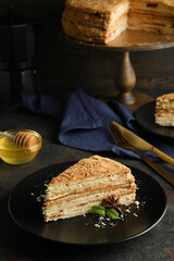 Concept of tasty dessert with honey cake, selective focus