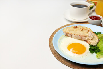 Concept of tasty breakfast on white background