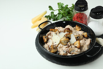 Concept of tasty food with risotto with mushrooms, space for text