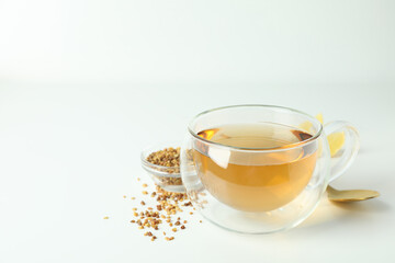 Concept of hot drink with buckwheat tea, space for text