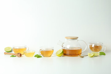 Concept of hot drink with buckwheat tea on white table
