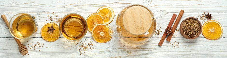 Concept of hot drink with buckwheat tea, top view