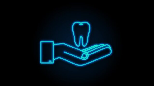 Neon Teeth icon dentist. Healthy Teeth in hands. motion graphic