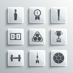 Set Dart arrow, Football ball, Award cup, Billiard balls in rack triangle, Dumbbell, Sport mechanical scoreboard, Bowling pin and Baseball bat icon. Vector