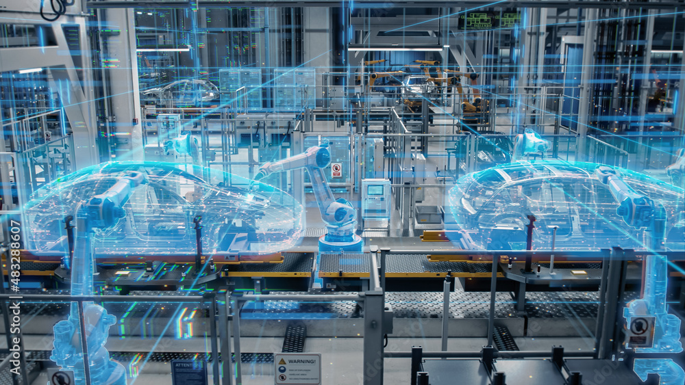 Poster side-view car factory digitalization: automated robot arm assembly line manufacturing high-tech sust
