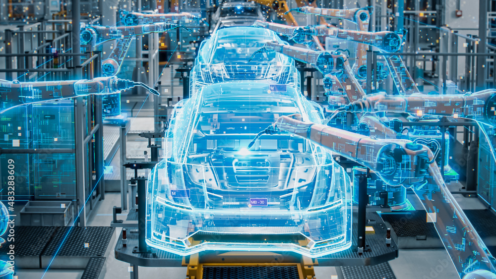 Aufkleber front view car factory digitalization: automated robot arm assembly line manufacturing high-tech sus