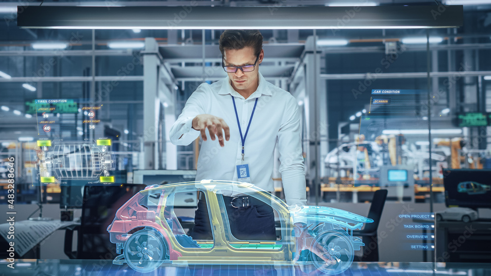 Poster sustainable industrial design: portrait of modern automotive engineer using augmented reality to con