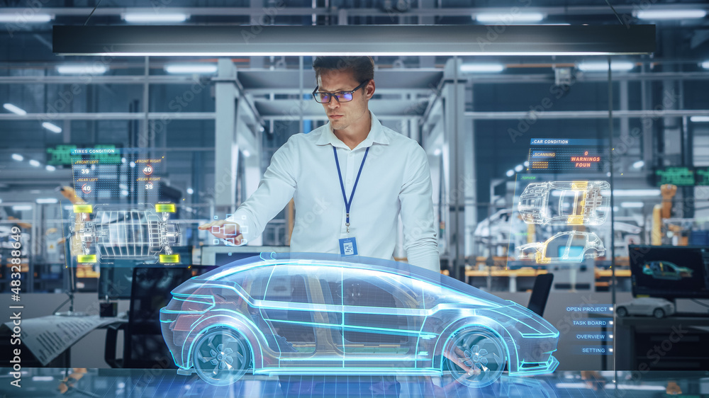 Aufkleber Green Energy Car Design: Automotive Engineer Using Augmented Reality Hologram to Construct 3D Model of High-Tech Electric Vehicle Optimizing Battery Efficiency. Automated Robot Arm Manufacturing